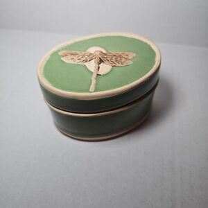 Oval Green Soapstone Dragonfly Trinket Decor Box 4"x2.5"